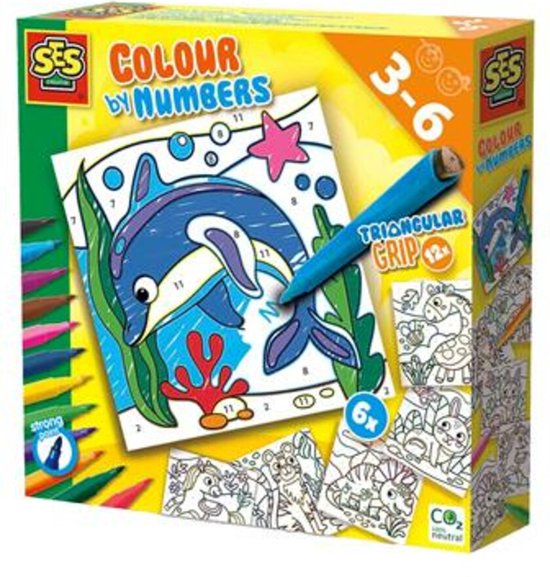 SES - Kleuren op nummers - Driehoek grip stiften - 6 grote kleurplaten met 12 stiften - goed uitwasbaar