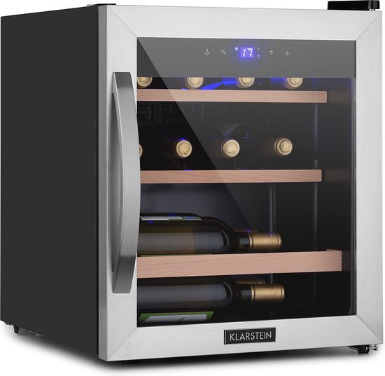 Foto: Klarstein vinamour 12 uno wijnkoelkast inhoud 12 flessen 46 liter 1 koelzone 4 18 c fluisterzacht 40 db extern touch bedieningspaneel deur van veiligheidsglas met rvs frame interne led verlichting compressiekoeling zilver