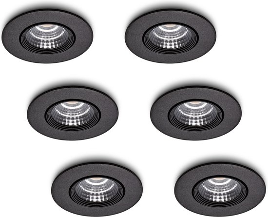 Ledisons LED-inbouwspot Fioli set 6 stuks zwart dimbaar - Ø68 mm - 2700K (extra warm-wit) - 270 lumen - 3 Watt - IP21