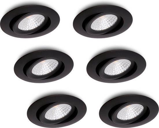 Ledisons LED-inbouwspot Lumino set 6 stuks zwart dimbaar - Ø80 mm - 5 jaar garantie - 4000K (neutraal-wit) - 630 lumen - 7 Watt - IP54