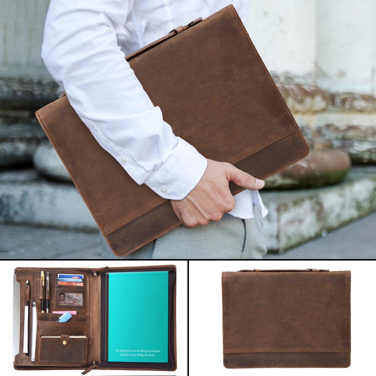 Exclusieve handgemaakte lederen A4-conferentiemap voor de veeleisende gebruiker- stijlvolle Laptop portfolio en schrijfmap van tijdloze elegantie en de hoogste kwaliteit' portfolio van echt leer - Cadeautje voor hem
