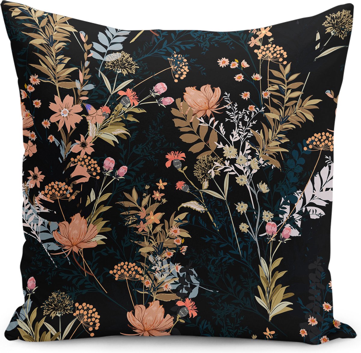 De Groen Home BLOEM - Sierkussen Velvet - 50x50 cm - Bloemen op zwart - Inclusief binnenkussen - Fluweel