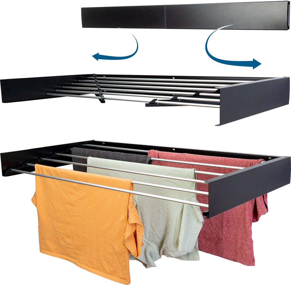 Imbo’s Inklapbaar Wanddroogrek - Uitklapbaar Droogrek voor Binnen en Buiten - 10x50x100cm - 6M Drooglengte - Hangend Wand Wasrek - Hangende Muur Kledingrek - Inklapbare Kledingroede - Uitklapbare Kledingstang - Kleding Wandkapstok - Zwart