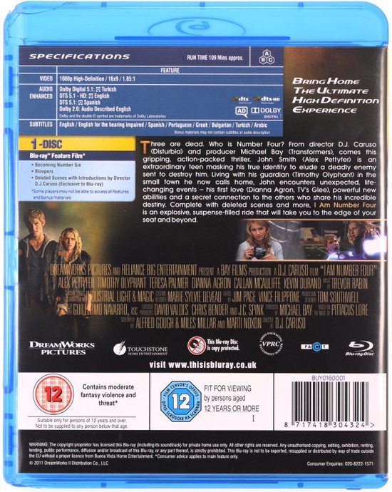 Achterkant van de "I Am Number Four" Blu-ray hoes met specificaties, film beschrijving, logo's en leeftijdskeurmerken.