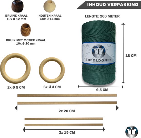 Macramé Pakket | 200 METER | Incl. Handleiding | Donkergroen | Starter Set | Ringen | Kralen |Stokken | Macramé Touw | 3mm | 100% Katoen | Macramé | Decoratie | DIY | Doe Het Zelf | Wandkleed | Dromenvanger | Plantenhanger | Tassen | TheOldOmen |