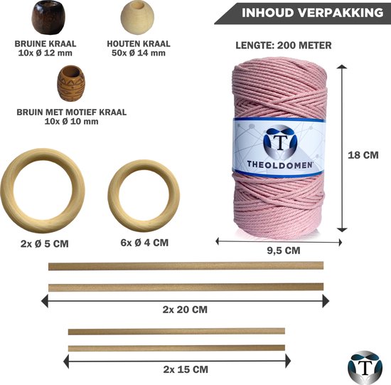 Macramé Pakket | 200 METER | Incl. Handleiding | Roze | Starter Set | Ringen | Kralen | Stokken | Macramé Touw | 3mm | 100% Katoen | Macramé | Decoratie | DIY | Doe Het Zelf | Wandkleed | Dromenvanger | Plantenhanger | Tassen | TheOldOmen |