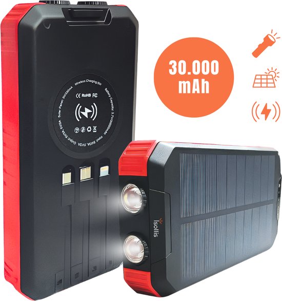 Isollis® - Solar powerbank 30 000mAh - Powerbank zonne-energie - Ingebouwde kabels - Solar charger - Draadloos opladen - Wireless charger - Snellader - LED-zaklamp - USB A, USB-C & Micro USB - Iphone & Samsung