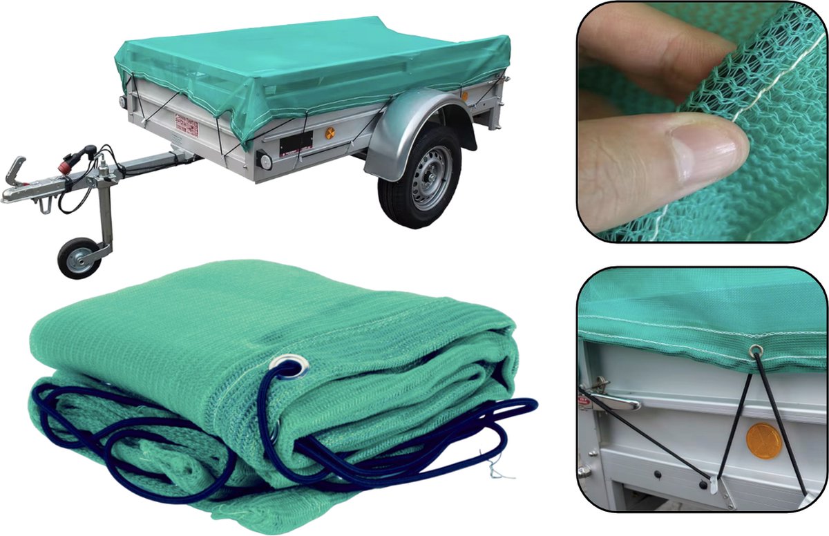 PD® Aanhangernet Fijnmazig met Elastiek - 250 x 140 CM - KWALITEIT - Groen - Met metalen Oogjes - Zeer Stevig - Aanhangwagennetten - Geschikt voor Aanhangwagens - In Handige Tas