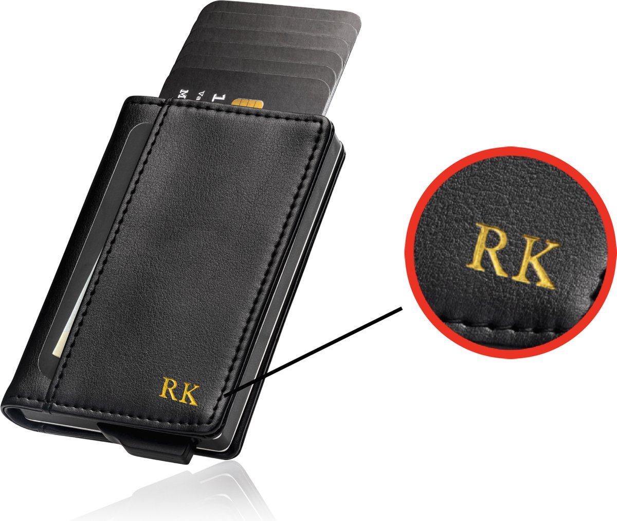 Saetti Gepersonaliseerde Pasjeshouder - Gepersonaliseerd Cadeau Portemonnee Met Initialen - Zwart - 12 Pasjes + Briefgeld - RFID Creditcardhouder - Pasjeshouder Mannen & Vrouwen - Pasjeshouder Uitschuifbaar - Kaarthouder - Incl. Luxe Cadeaubox
