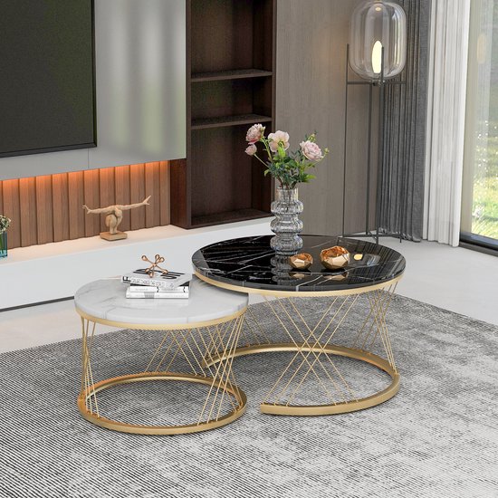 Salontafelset Marmeren fineer Bank Zijkant Nest van tafels Ronde bijzettafels, set van 2, goudkleurig frame