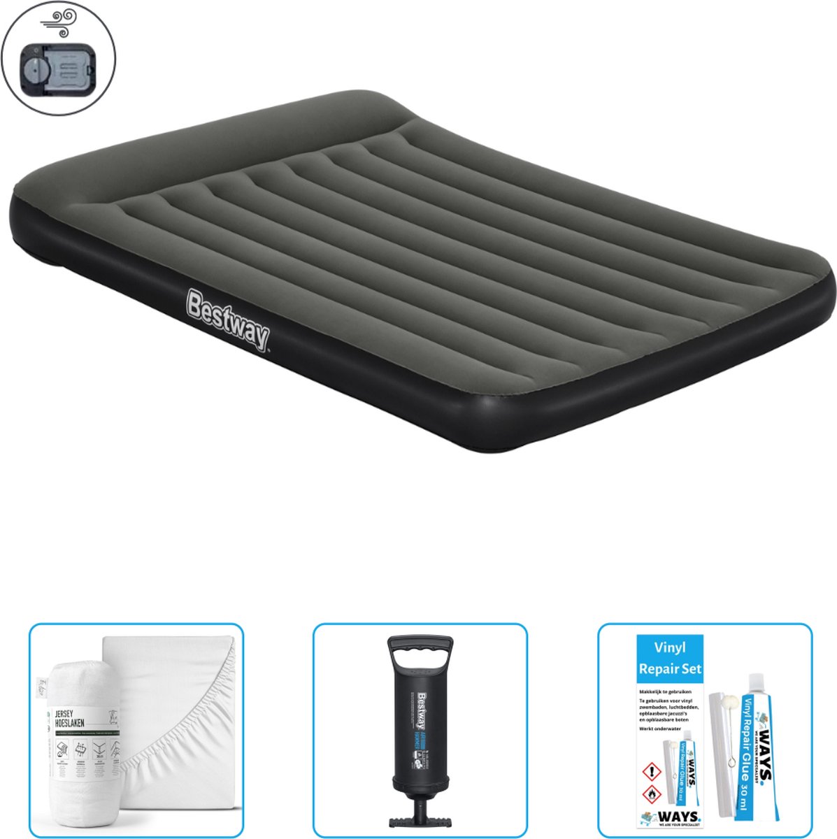 Bestway luchtbed - 2-Persoons - 152 x 203 x 30 cm - Groen - Inclusief pomp - Hoeslaken - Pomp en Reparatieset