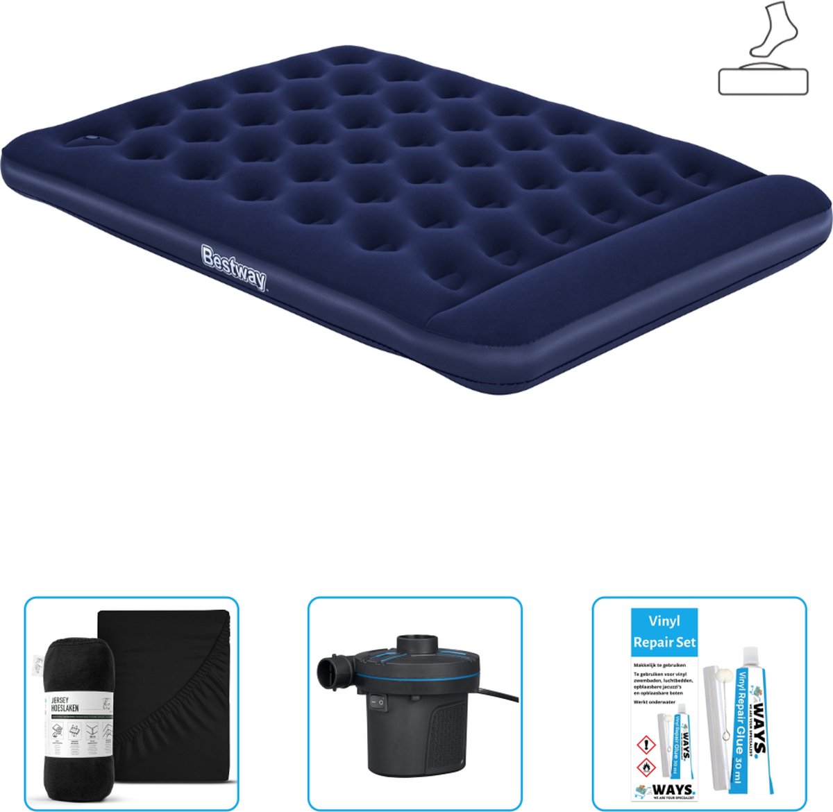 Bestway luchtbed - 2-Persoons - 152 x 203 x 28 cm - Blauw - Inclusief pomp - Hoeslaken - Pomp en Reparatieset