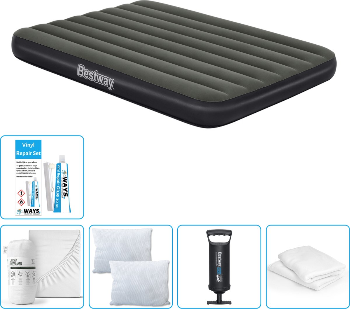 Bestway luchtbed - Twijfelaar- 137 x 191 x 25 cm - Groen - Inclusief Hoeslaken - Kussen - Kussenbeschermer - Pomp en Reparatieset