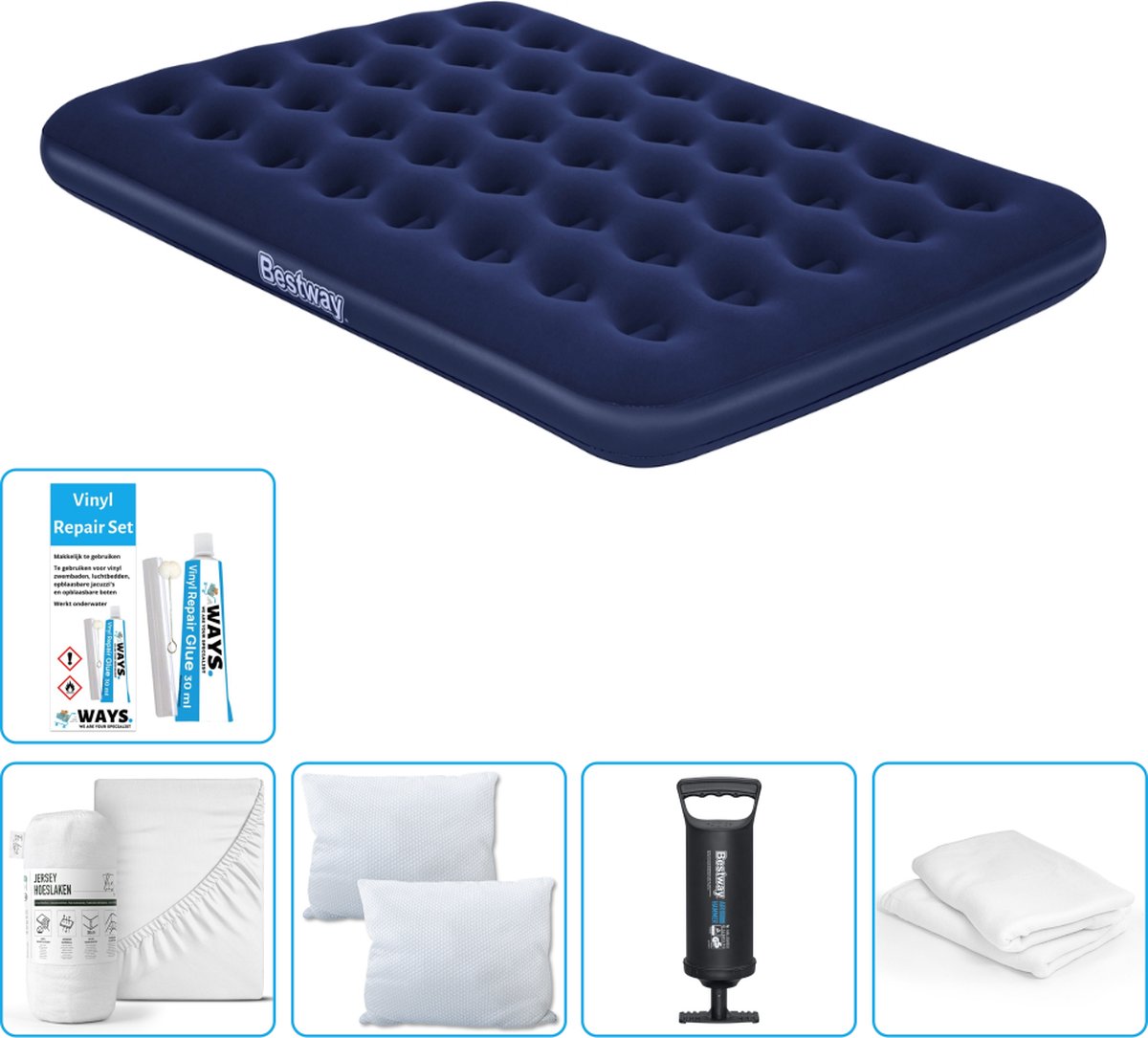 Bestway luchtbed - Twijfelaar - 137 x 191 x 22 cm - Blauw - Inclusief Hoeslaken - Kussen - Kussenbeschermer - Pomp en Reparatieset