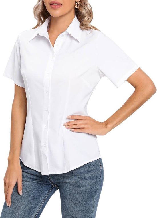 Damesblouse met korte mouwen - en lange mouwen - Maat XS - Wit - slim fit - katoen - basic shirt met knoopsluiting - V-hals