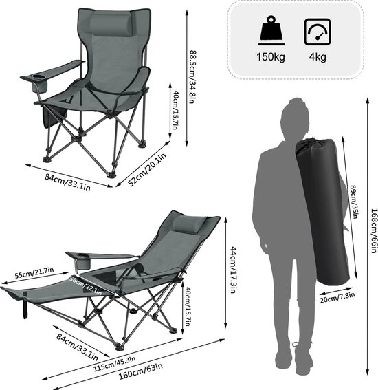 Ligstoel - Ligbed - Camping Stoel - Luxe Ligstoel - Loungestoel - Stoel voor Buiten - Klapstoel Camping - Opvouwbaar - Met Afneembare Voetsteun - Incl Bekerhouder - Incl Draagtas - Verstelbare Rugleuning - Grijs van MaxxGarden — afbeelding 3