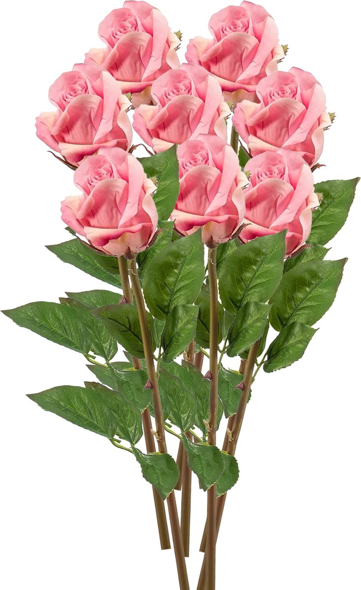 Emerald Kunstbloemen boeket Roos Bud - 8x - 58 cm - roze - Kunst zijdebloemen