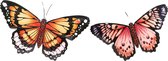 Anna Collection Wanddecoratie vlinders - 2x - oranje/rood - 34 x 21 cm/45 x 28 - metaal - muurdecoratie/schutting