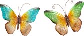 Anna Collection Wanddecoratie vlinders - 2x - blauw/groen - 44 x 32 cm - metaal - muurdecoratie - tuin beelden van dieren