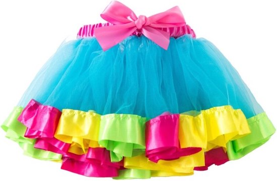 Jumada's - Meisjes Tutu - maat L - 5 - 7 jaar - Licht Blauw , roze geel en groen Kleuren - Rok Party Dance - Regenboog - Rokken - Meisjes kleding