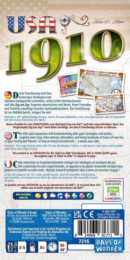 De achterkant van de USA 1910 uitbreiding van Ticket to Ride. Met een kaart van de VS en speelkaarten.