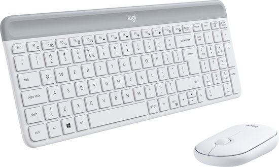 Wit Logitech toetsenbord met grijze rand en witte muis.