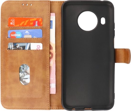 Bruin telefoonhoesje in boekstijl, opengeklapt om de kaartsleuven en de telefoonhouder te tonen.