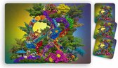 Placemats - 6 stuks 42 x 30 cm bedrukt met schilderij van een boom kleurrijke bloemen en 10 bijpassende onderzetters 10 x 10 cm