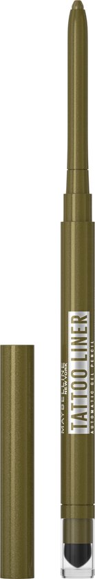 Groene automatische eyeliner pen met opgedraaid puntje en dop ernaast. Op de pen staat 'TATTOO LINER'.