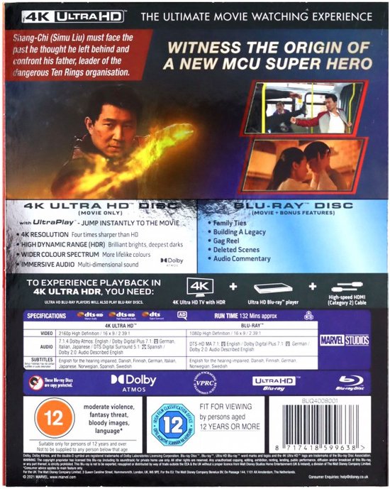 Achterkant van de Shang-Chi 4K UHD Blu-ray hoes. Bevat afbeeldingen van Simu Liu en tekst over de film.