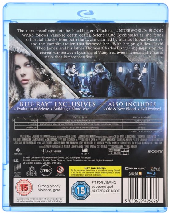 Achterkant Blu-ray hoes van Underworld: Blood Wars met synopsis, informatie en rating.