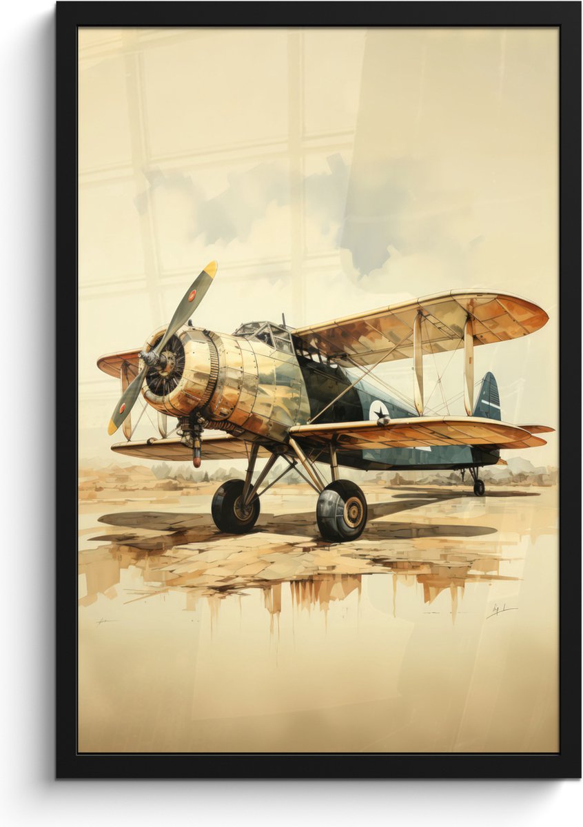 FrameYourWall Poster in lijst - Fotolijst 40x60 cm - Posters - Vintage - Vliegtuig - Water - Beige -Voertuig - Posterlijst zwart - Decoratie - Wanddecoratie woonkamer - Muurdecoratie slaapkamer