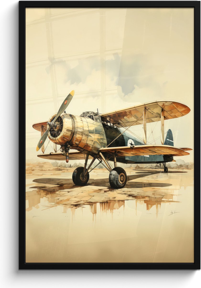 FrameYourWall Poster in lijst - Fotolijst 60x90 cm - Posters - Vintage - Vliegtuig - Water - Beige -Voertuig - Posterlijst zwart - Decoratie - Wanddecoratie woonkamer - Muurdecoratie slaapkamer