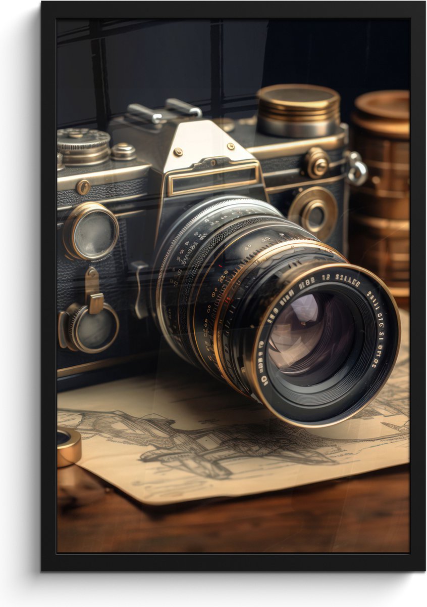 FrameYourWall Poster in lijst - Fotolijst 40x60 cm - Posters - Vintage - Fototoestel - Camera - Papier - Oud - Posterlijst zwart - Decoratie - Wanddecoratie woonkamer - Muurdecoratie slaapkamer
