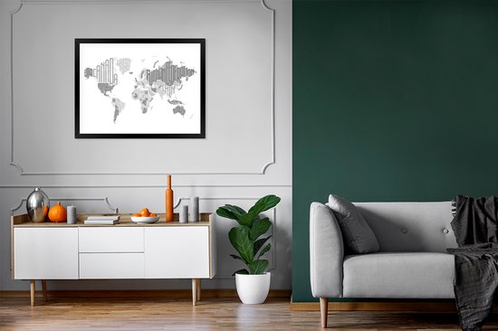 Affiche avec cadre Wereldkaart - Lettres - Grijs - 80x60 cm