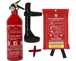 Brandblus set ABC – brandblusser 1 kg en blusdeken 100 x 100 cm – Met wandhouder en ophangoog - Brandblus box -Ook voor auto, boot, caravan of camper – Poederblusser en branddeken