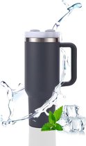 Bastix - Thermal mok met deksel, 2 rietjes, roestvrijstalen thermosbeker met handvat, vacuüm-geïsoleerde reiskoffiemok voor koffie, fitnessstudio, thuis, kantoor (donkergrijs)