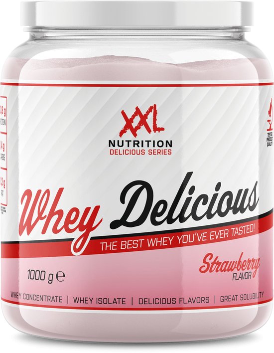 XXL Nutrition - Whey Delicious - Aardbei - Wei Eiwitpoeder met BCAA & Glutamine, Proteïne poeder, Eiwit shake, Whey Protein - 1000 gram