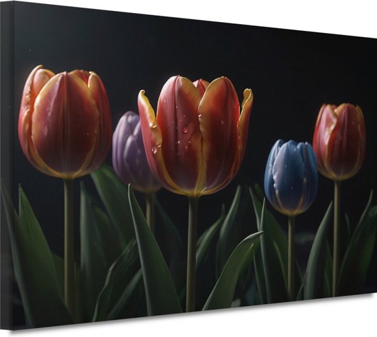 Tulpen portret - Flora schilderijen - Canvas schilderij Druppels - Muurdecoratie industrieel - Canvas schilderij woonkamer - Kunst 70x50 cm
