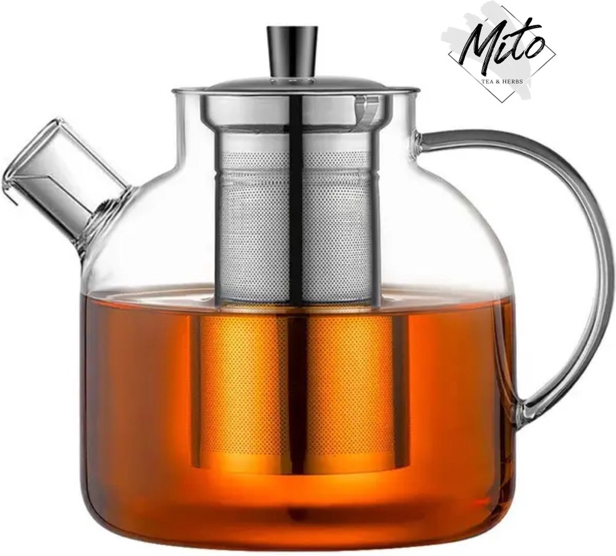 Mito Tea Glazen Theepot met Filter RVS - 1.3 Liter - RVS Dop -Inclusief Theezeef - Hoge Kwaliteit Borosilicaat Hittebestendig Glas - Voor Losse thee