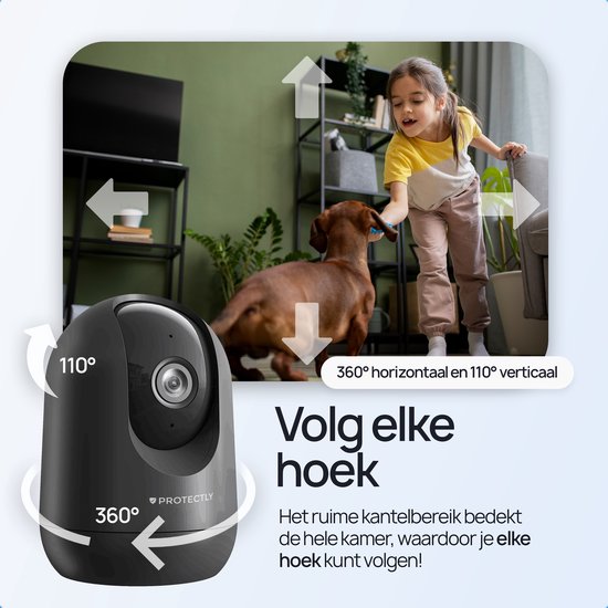 Caméra de sécurité intérieure Protectly® - Caméra pour animaux de compagnie avec application - Petcam - Caméra pour chien - Avec application WiFi - 2K 3MP Ultra HD - Détection de mouvement et de son - Caméra intérieure - Zwart
