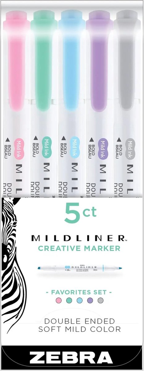Zebra Mildliner Favorites Set – Creative marker – Twinmarker – Tekstmarker – Brede + fijne punt – 5 stuks