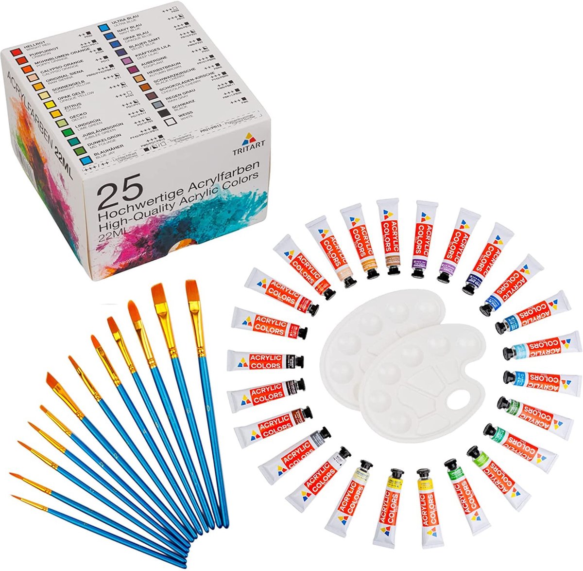 Tritart Acryl-Farben-Set mit 12 Pinsel und 2 Mischpaletten HOCHPIGMENTIERT | 25 x 22ml Malfarben Tuben | Acrylverf