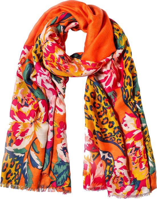 Nouka Echarpe Femme Multicolore Oranje / Jaune / Rouge - Imprimé Léopard & Imprimé Floral - Echarpe Fine & Légère - Châle Aéré - Printemps/Eté - 90 x 180 cm