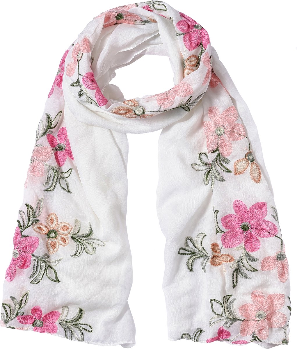 Nouka Wit & Roze Multicolor Dames Sjaal – Bloemenprint - Dunne & Lichte Sjaal - Luchtige Shawl – Lente / Zomer – 90 x 180 cm