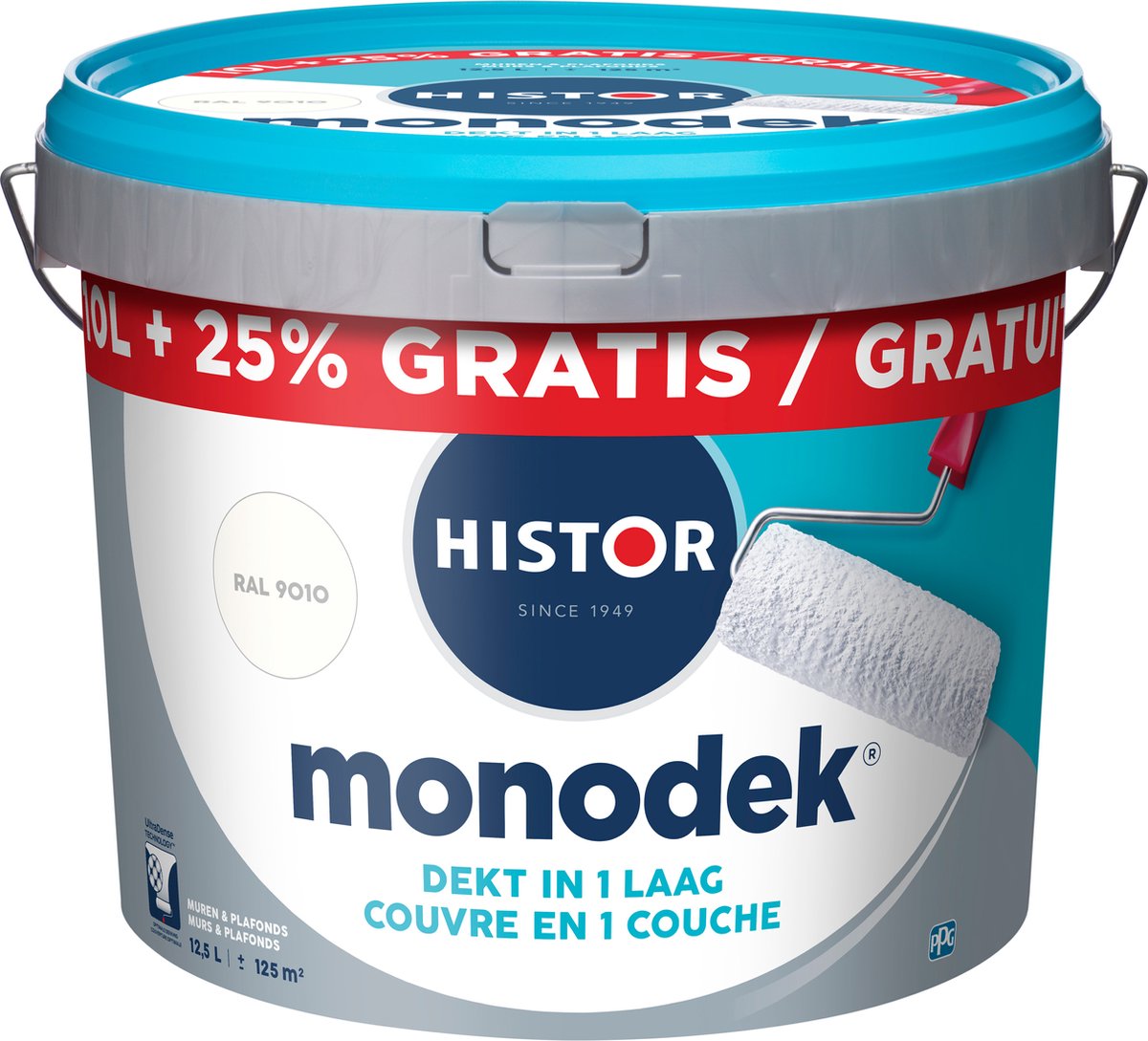 Histor Monodek – Muurverf Binnen Mat – Dekt in 1 Laag – Afwasbaar – Geurarm en Oplosmiddelvrij – Met Ultra Dense Technology voor Extra Dekkracht – Voor Binnen – RAL 9010 – 12,5L – foto 2