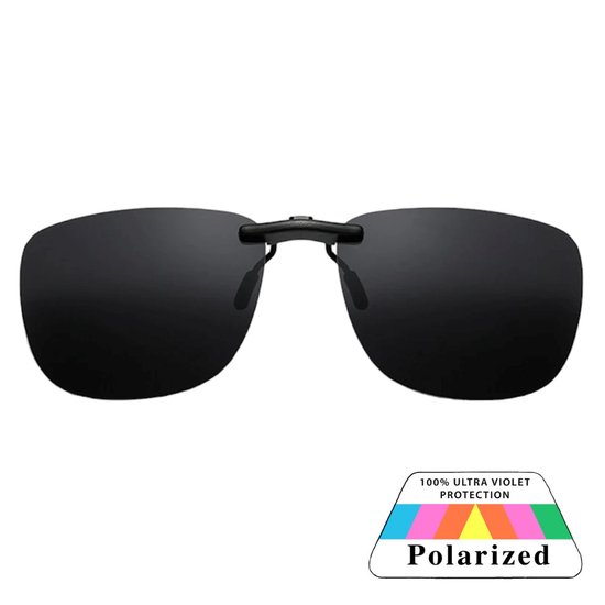 Zwarte gepolariseerde clip-on zonnebril met 100% UV-bescherming.