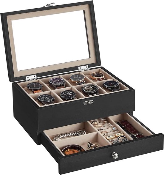 Songmics Horlogekast met 8 vakken - Horlogekast van massief hout - Met glazen deksel, voor ringen, armbanden en kettingen - Zwart - JOW008B01