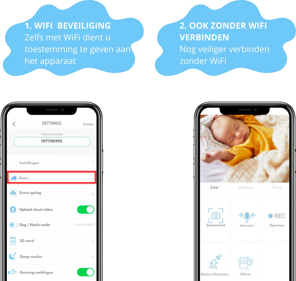 Afbeelding 3 van iNeedy Apy Babyfoon met 2 camera's en app - Babyfoons - Baby monitor - Splitscreen - Uitbreidbaar - 5 Inch