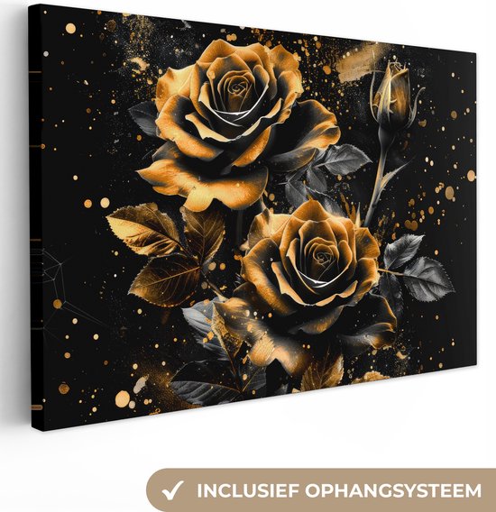 Canvas schilderij 120x80 cm - Wanddecoratie Rozen - Goud - Zwart - Bloemen - Modern - Muurdecoratie woonkamer - Kamer decoratie modern - Abstracte schilderijen